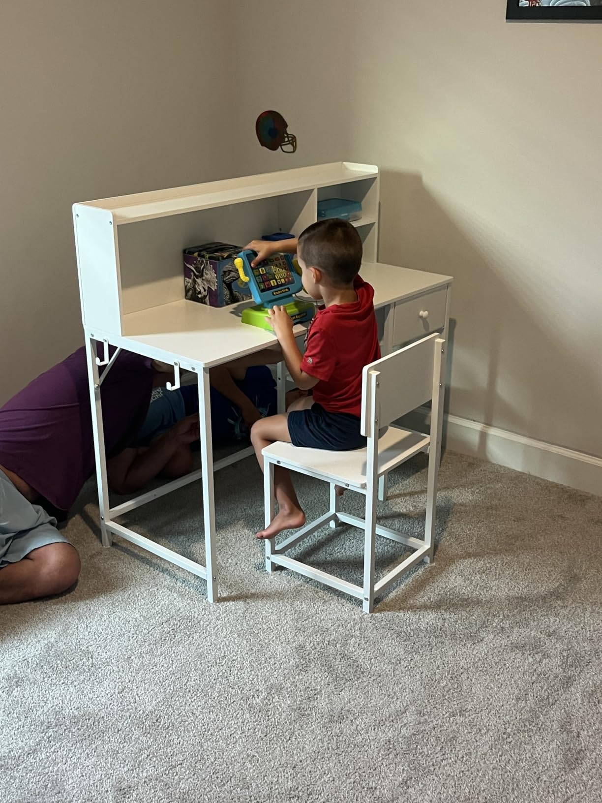 BOLUO White Kids Desk and Chair Set for 6-12 Year Old, Children Study Desk with Hutch and Storage Shelf, Student Writing Table with Fabric Drawer for Girls Boys customer photo 2