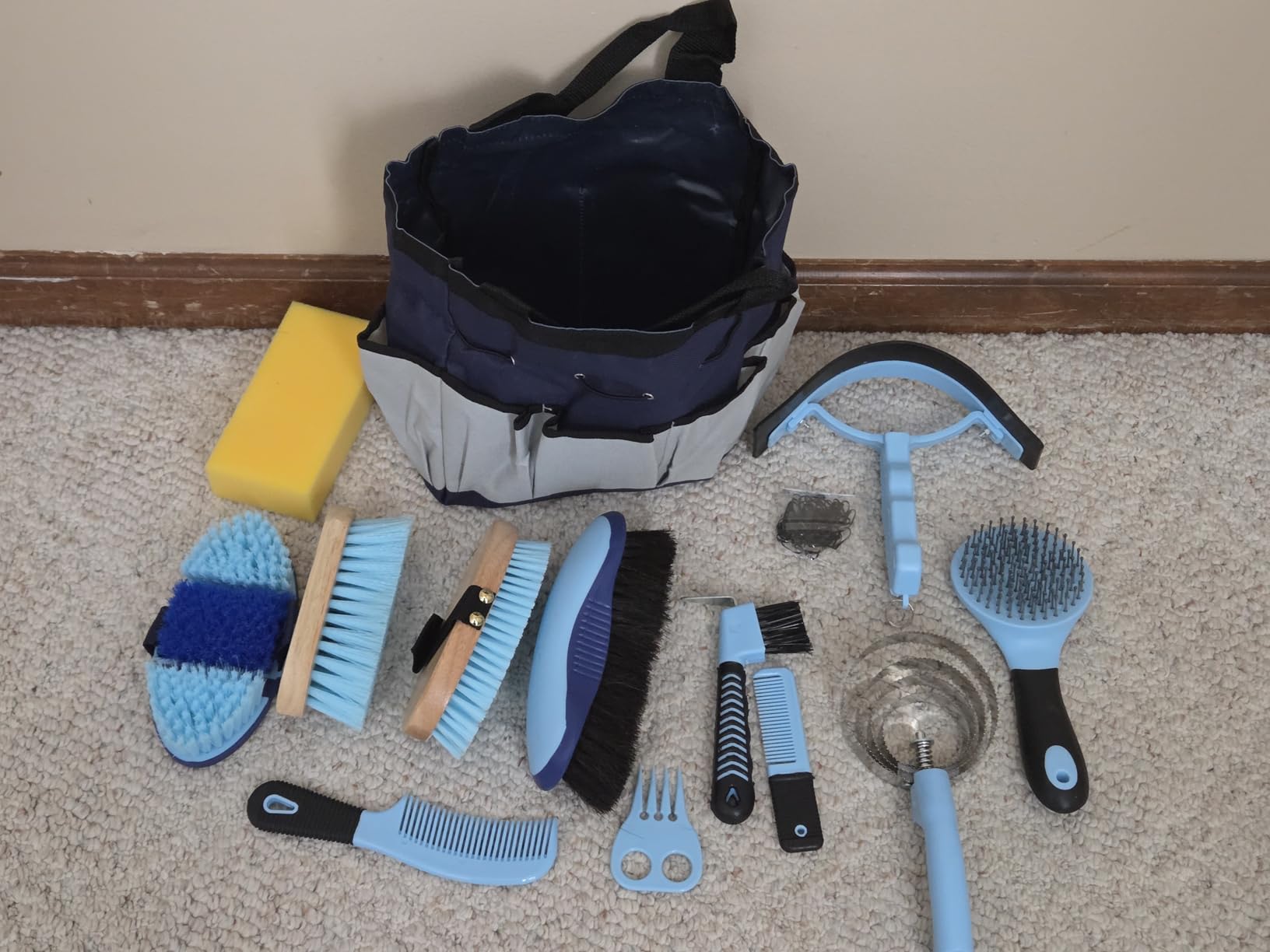 Horse Grooming Kit, 14-in-1 Professional Horse Brush Supplies Set for Grooming & Care, with Horse Brushes, Curry Comb, Hoof Pick & Waterproof Storage Tote Bag for Shining, Detangling, Massaging(Blue) customer photo 2