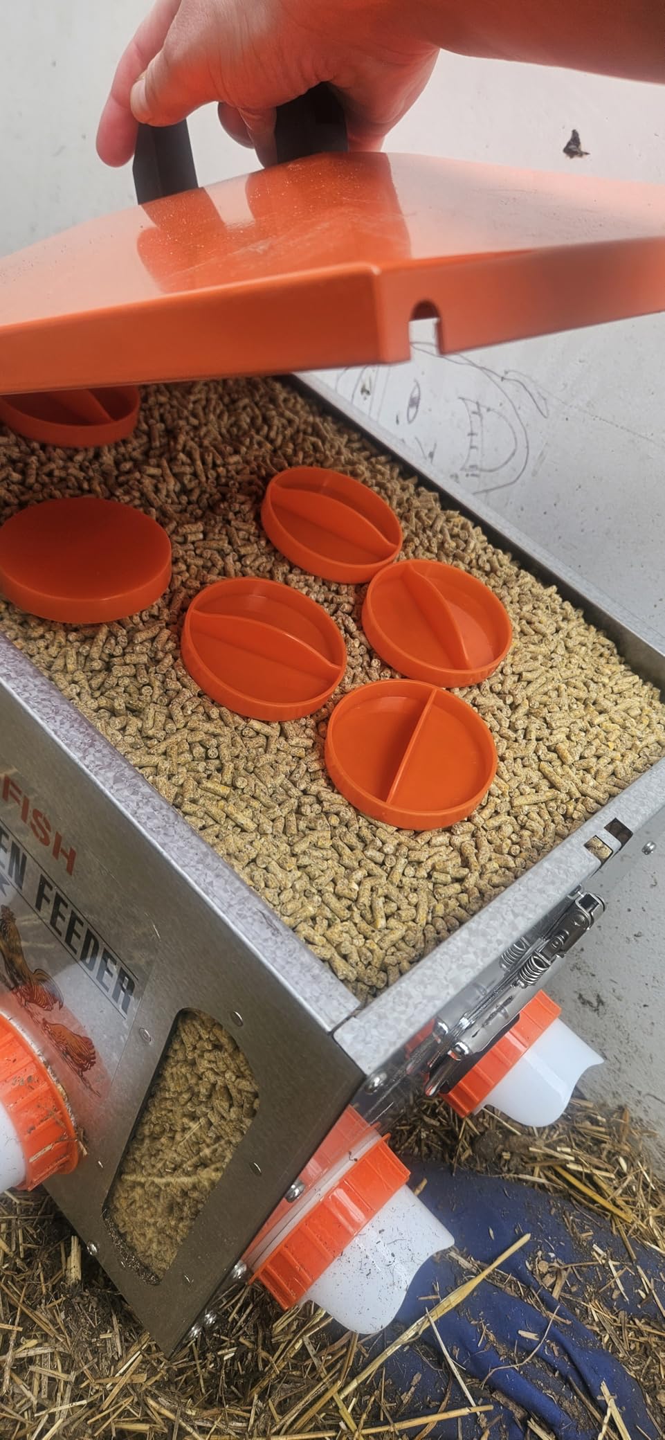 GADFISH 55LBS Large Capacity Automatic Chicken Feeder - Upgraded Window Design Allows Viewing of Feed Conditions, 8 Feeding Ports, Anti-Waste Design, Height-Adjustable Legs & Secure customer photo 2