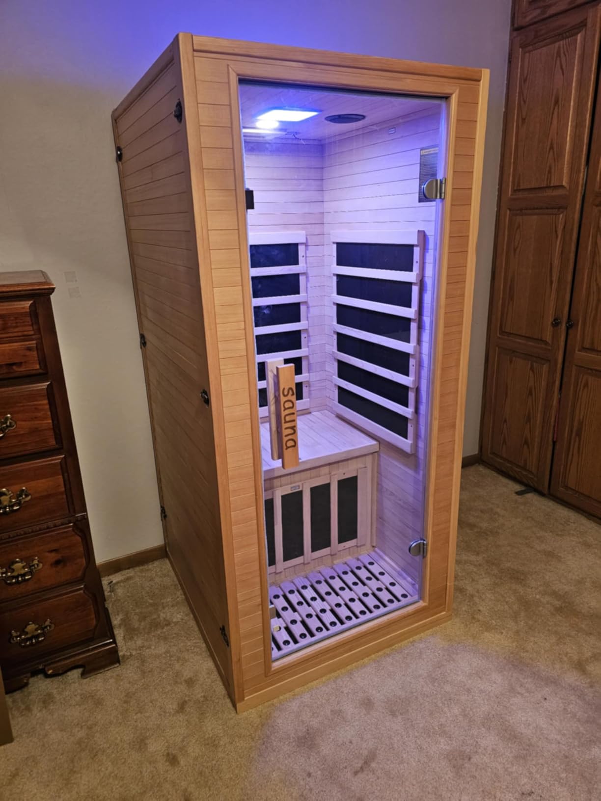 1 Person Infrared Sauna for Home, 110V 1200W Canadian Hemlock Wood Indoor Sauna Room, Compact Home Gym Spa with Color Light, Bluetooth, LCD Control, Workout Relaxation Gift for Men, Furniture Decor customer photo 2