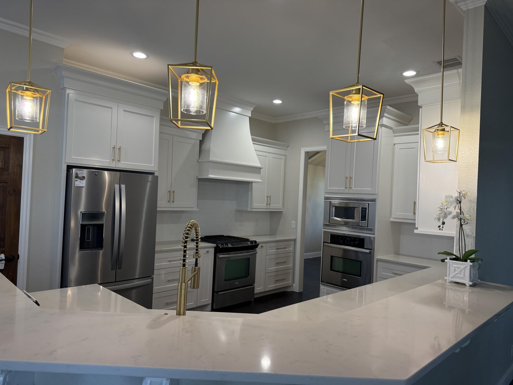 3 Pack Gold Pendant Lights, Modern Farmhouse Kitchen Pendant Lighting Over Island, Metal Cage Hanging Lights with Clear Glass Shade for Kitchen Island, Dining Room, Entryway, Hallway customer photo 2