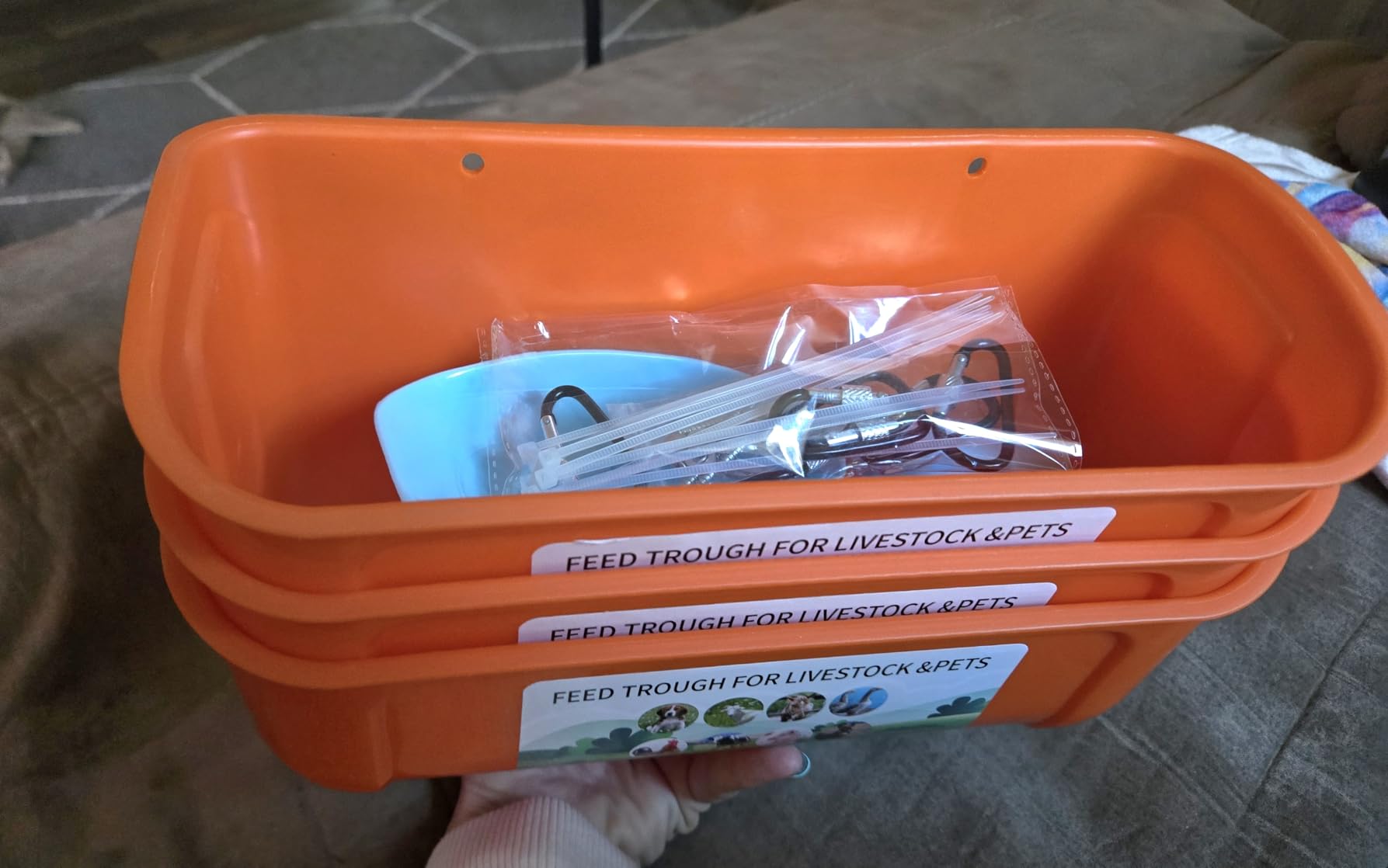 3 Pack Chicken Feeder, Duck Feeder Supplies, Hanging Fence Feed Trough with Clips for Goat, Sheeple, Piglet, Gooses, Turkeys, Dog Livestock Poultry, 8 Quarts in Total, Feed Scoop Included, Orange customer photo 1