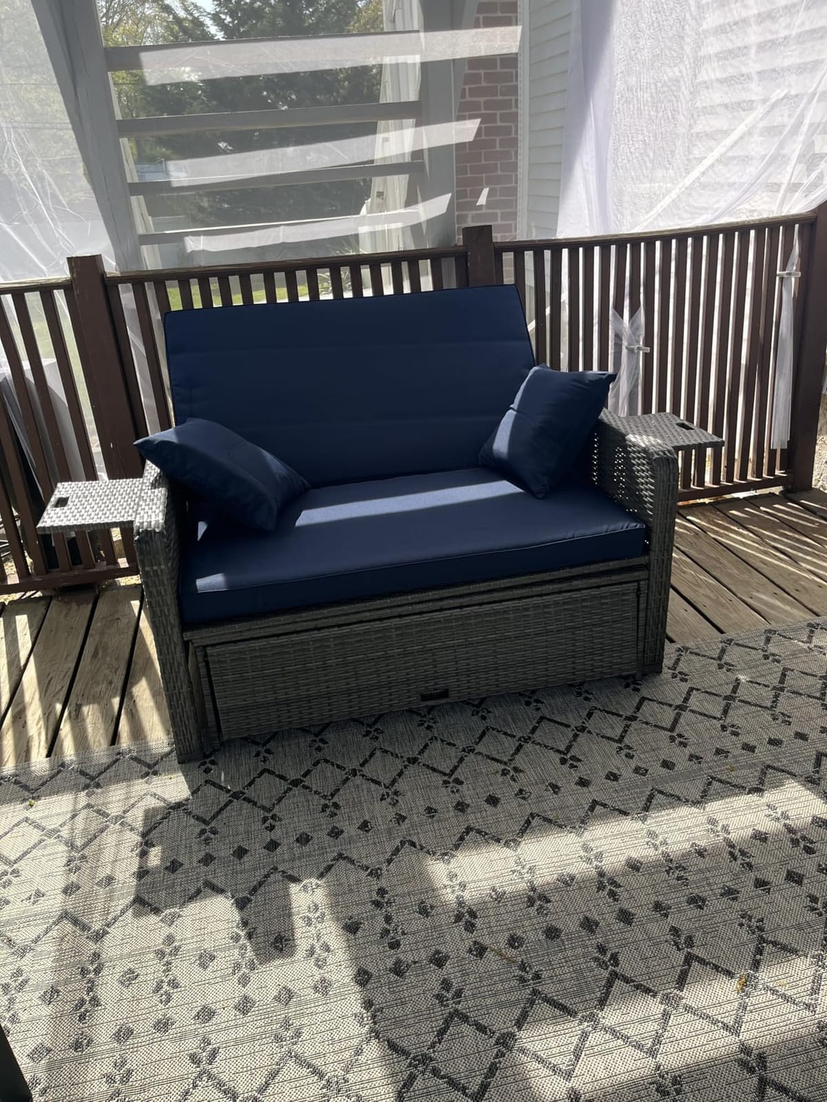 RELAX4LIFE Wicker Patio Outdoor Daybed - Rattan Day Bed Lounger w/Loveseat & Storage Ottoman, Sunbed Sofa Set w/Cushions, 4-Level Adjustable Backrest & 2 Retractable Trays, Patio Daybed (White-Black) customer photo 1