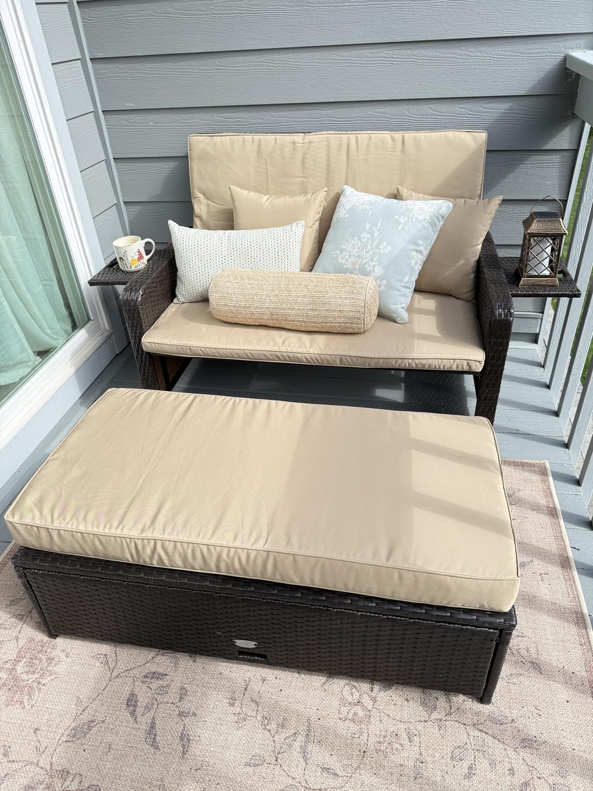 RELAX4LIFE Wicker Patio Outdoor Daybed - Rattan Day Bed Lounger w/Loveseat & Storage Ottoman, Sunbed Sofa Set w/Cushions, 4-Level Adjustable Backrest & 2 Retractable Trays, Patio Daybed (White-Black) customer photo 2