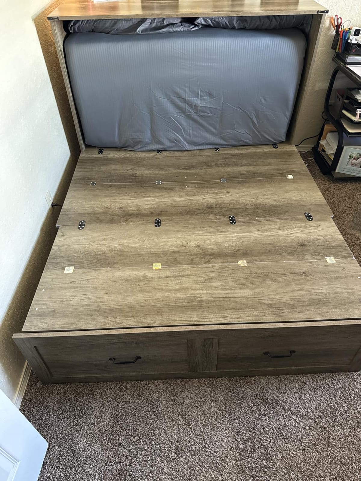 KCGKCG Murphy Bed with Storage & Charging Station, Murphy Cabinet Bed with Large Drawer for Guest Bedroom, Living Room, Office or Small Room, Full Foldable Platform Bed (Grey, Full) customer photo 2