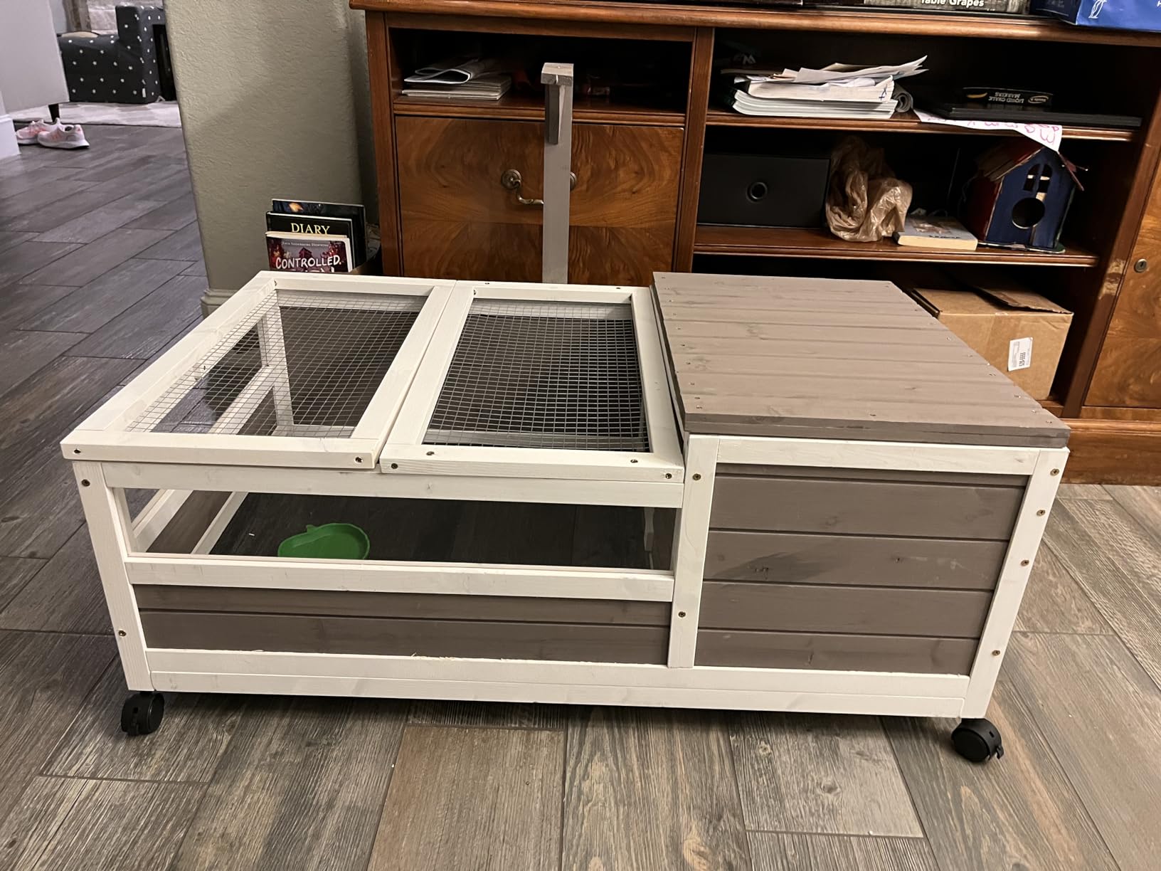 PetsCosset Tortoise Habitat with Detachable Legs, Wooden Indoor & Outdoor Turtle Enclosure, Two-Room Reptile House, Large Observation Windows, Removable Pull-Out Tray, for Tortoises customer photo 1