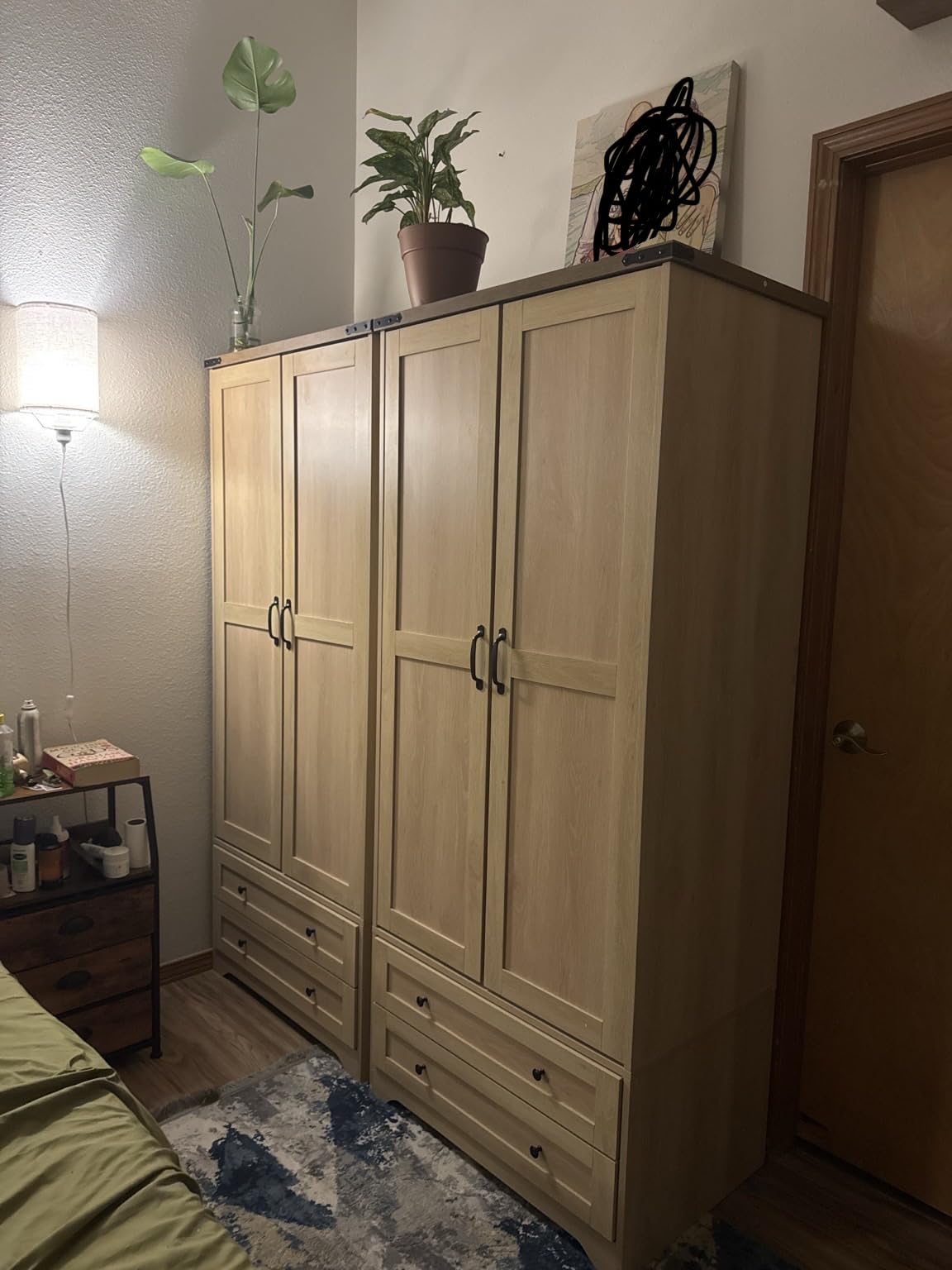 Brafab Wooden Armoire Wardrobe Closet with Drawers, Grey, 2 Doors, 71