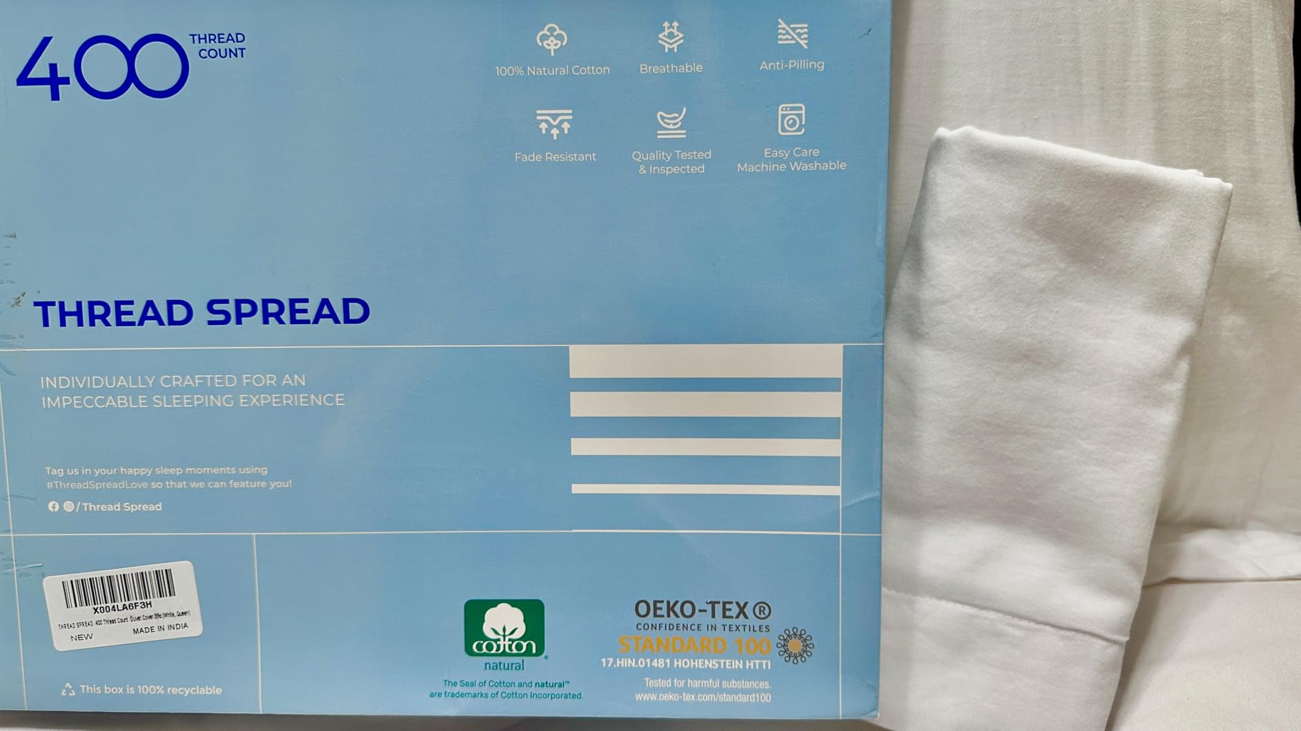THREAD SPREAD 100% Organic Cotton Sheets - Organic Cotton Percale Weave Sheet Set, Soft, Cooling, Crisp & Breathable, 16