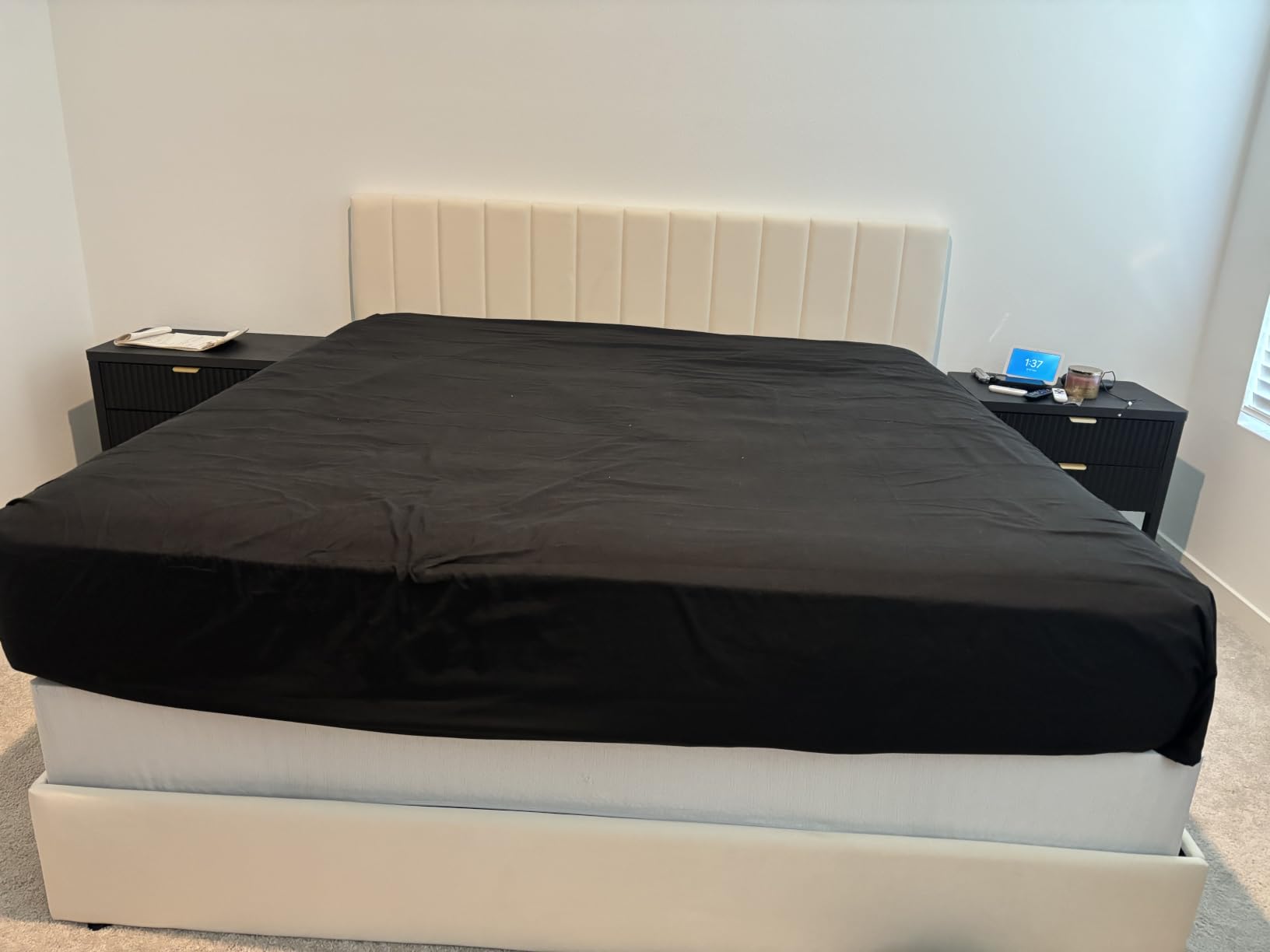 Allewie Queen Size Storage Bed Frame, Vertical Channel Tufted Adjustable Headboard, Velvet Upholstered Platform Bed with 4 Oversized Underbed Drawers, Wooden Slats Support, No Box Spring Needed, White customer photo 2