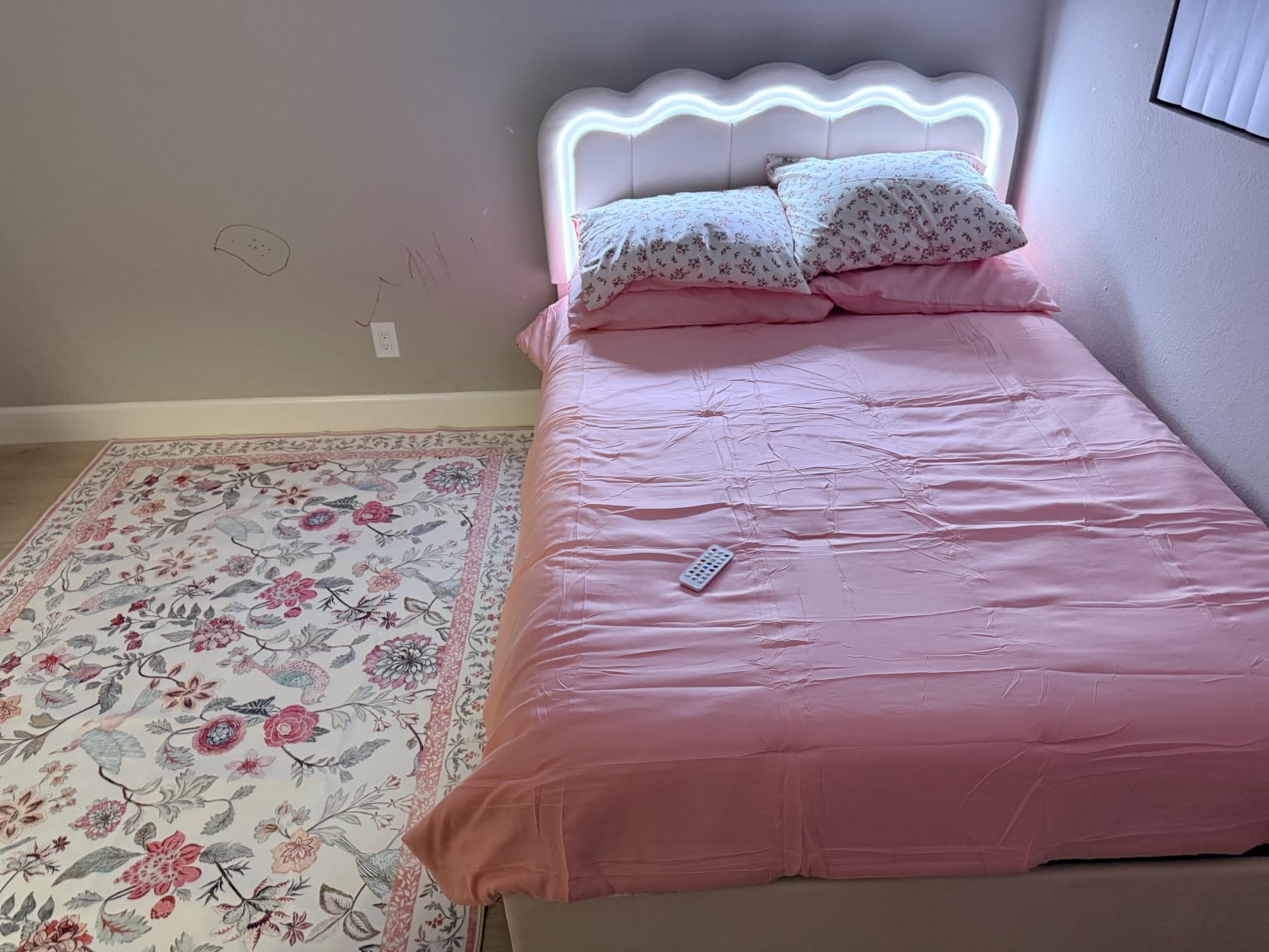 SHA CERLIN Twin Size Bed Frame with LED Lights and Storage Drawer, Cream customer photo 1